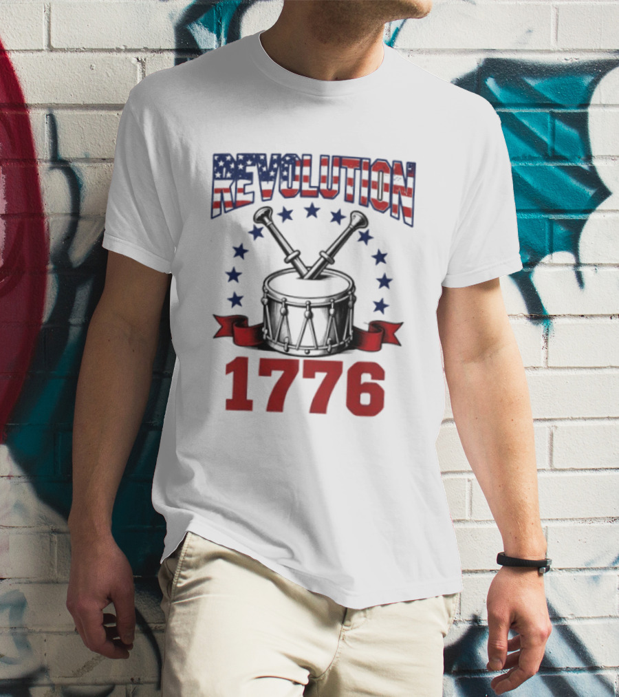 Revolution 1776 American Independence Drum With Stars And Crossed Drumsticks T-Shirt