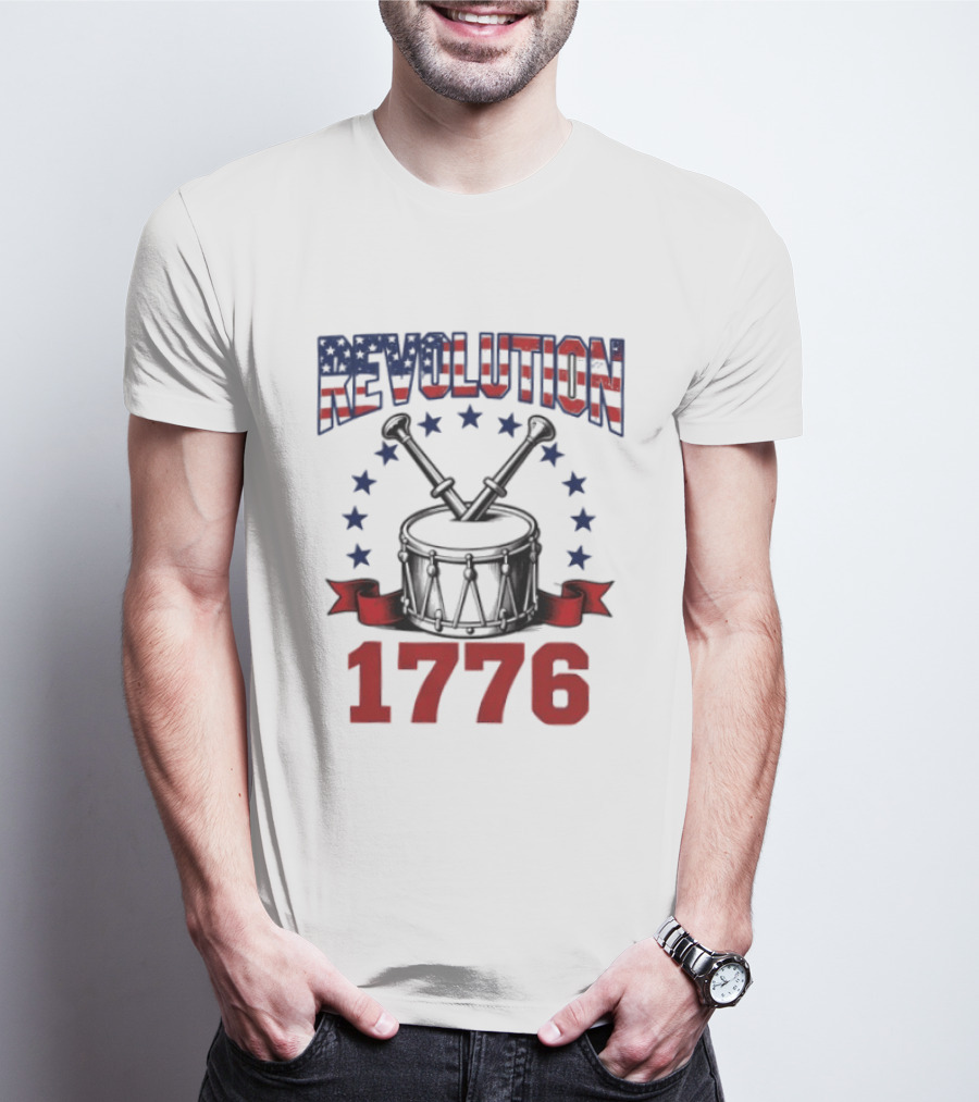 Revolution 1776 American Independence Drum With Stars And Crossed Drumsticks T-Shirt