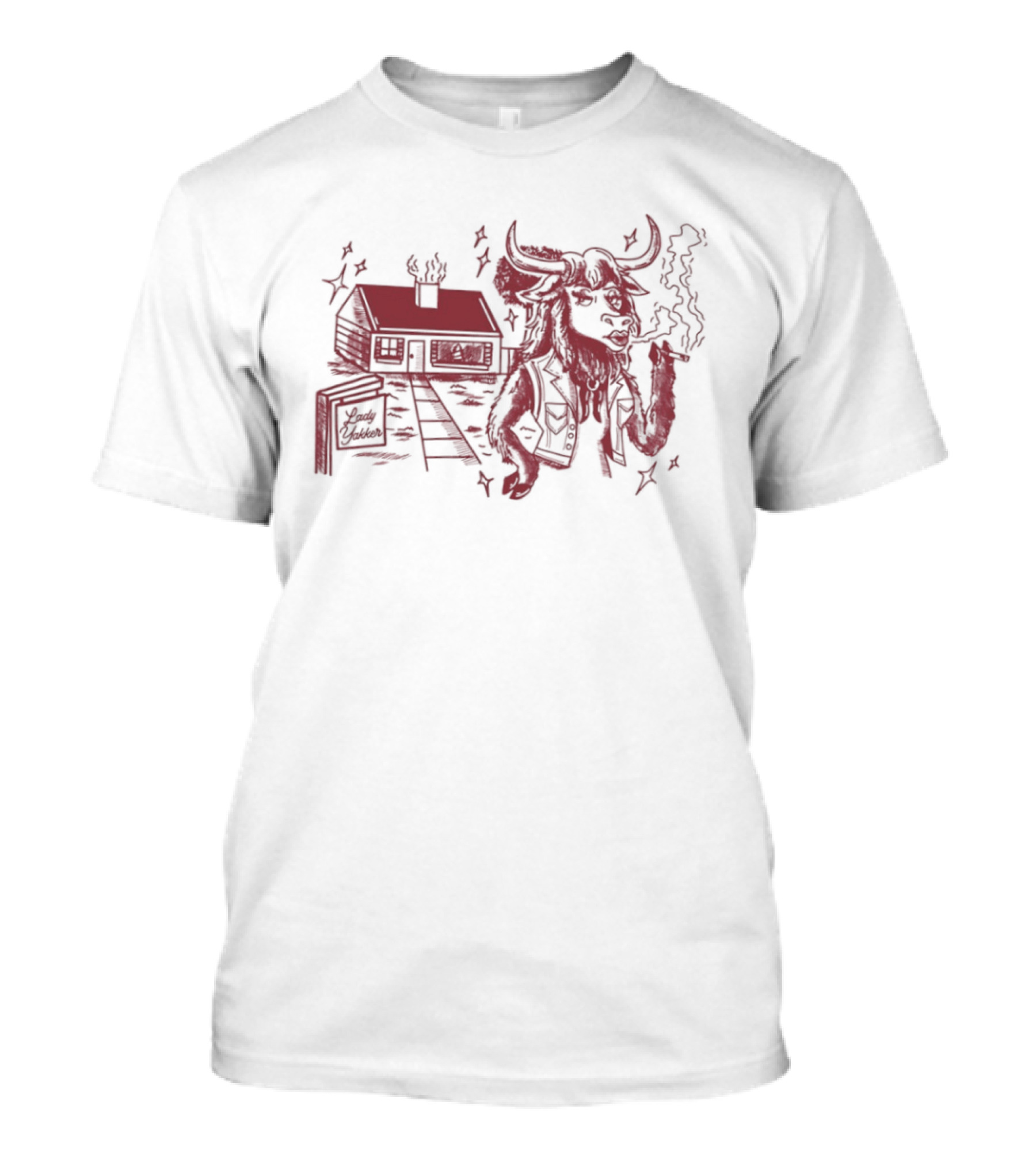 Lady Yakker Buffalo Smoking With Cabin And Stairs Rustic Red T-Shirt
