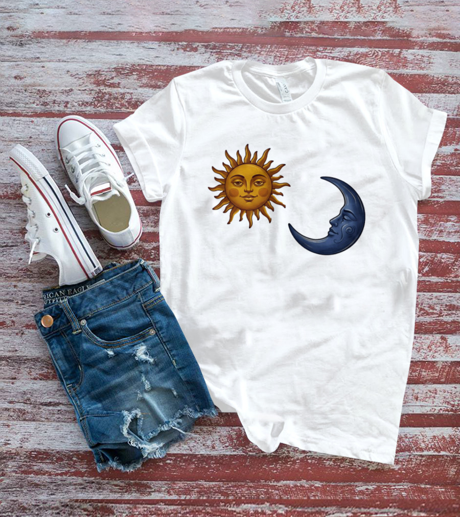 Sun Face And Crescent Moon Celestial Pair Harmony T-Shirt