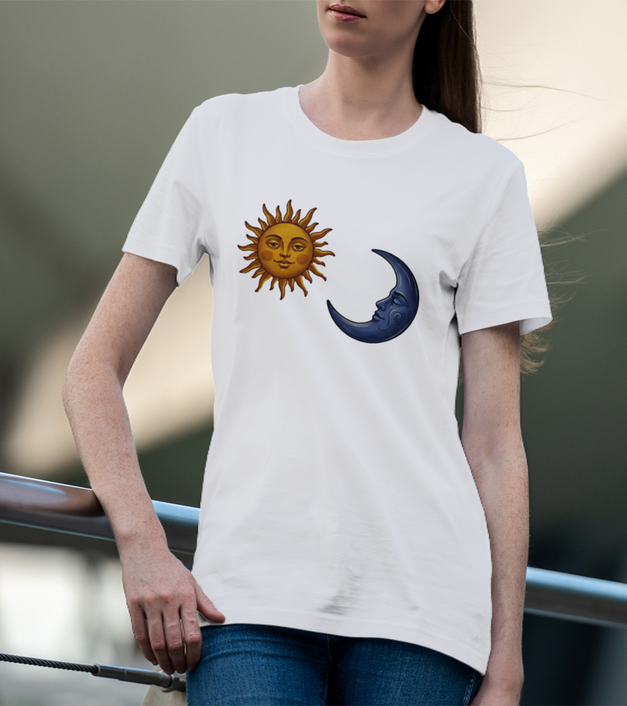 Sun Face And Crescent Moon Celestial Pair Harmony T-Shirt