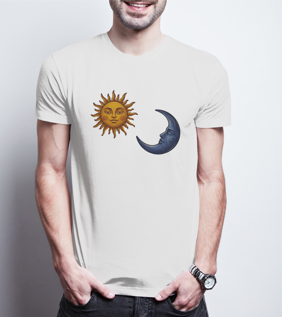 Sun Face And Crescent Moon Celestial Pair Harmony T-Shirt