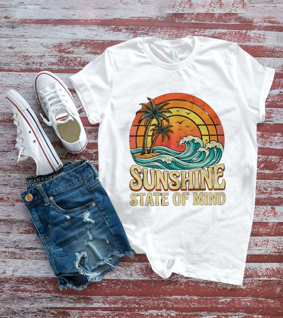 Sunshine State Of Mind Palm Trees Crashing Waves Sunset T-Shirt