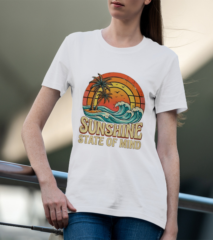 Sunshine State Of Mind Palm Trees Crashing Waves Sunset T-Shirt