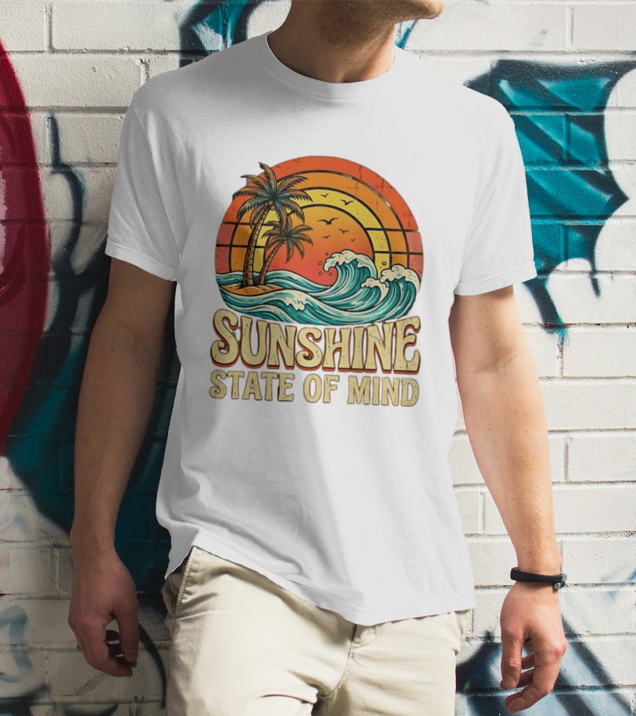 Sunshine State Of Mind Palm Trees Crashing Waves Sunset T-Shirt