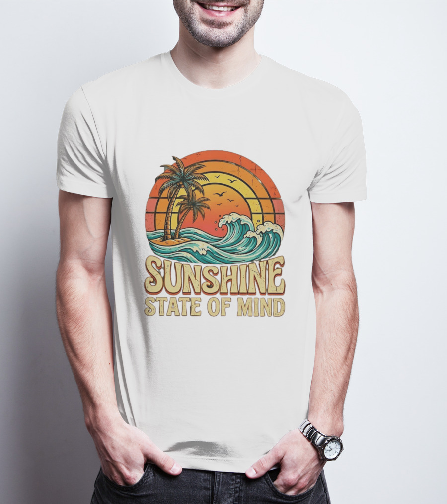 Sunshine State Of Mind Palm Trees Crashing Waves Sunset T-Shirt