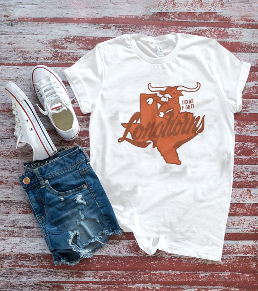 Texas Longhorns Bull Head Texas State Shape Texas Fight Football T-Shirt