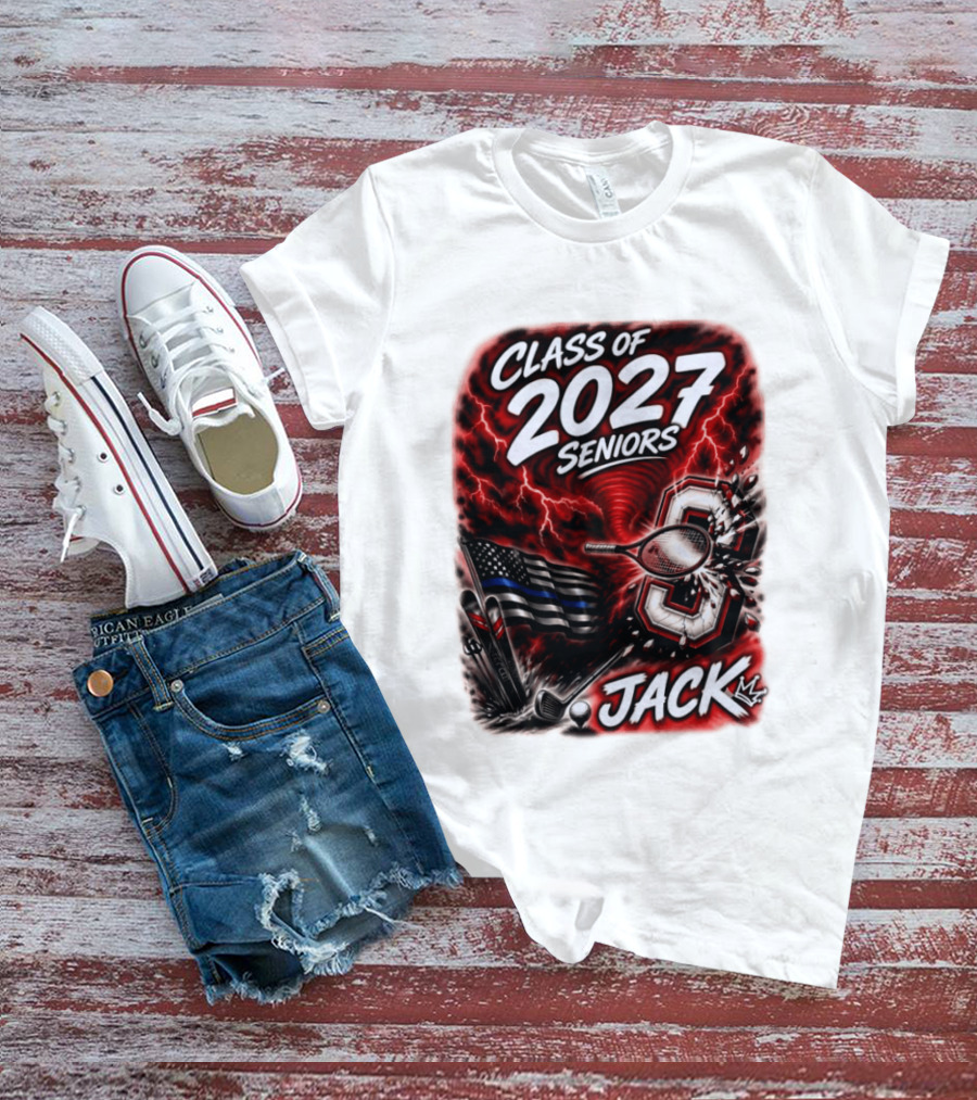Class Of 2027 Seniors Jack Black Flag Lightning Tennis Football T-Shirt
