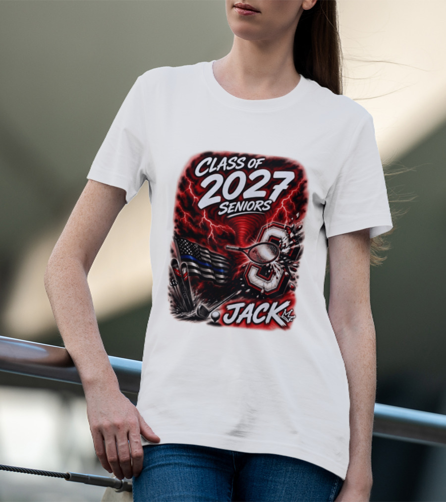 Class Of 2027 Seniors Jack Black Flag Lightning Tennis Football T-Shirt