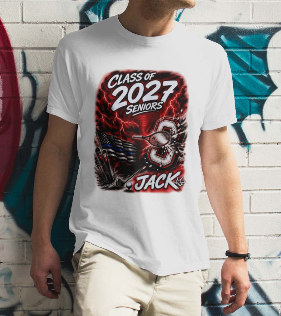 Class Of 2027 Seniors Jack Black Flag Lightning Tennis Football T-Shirt