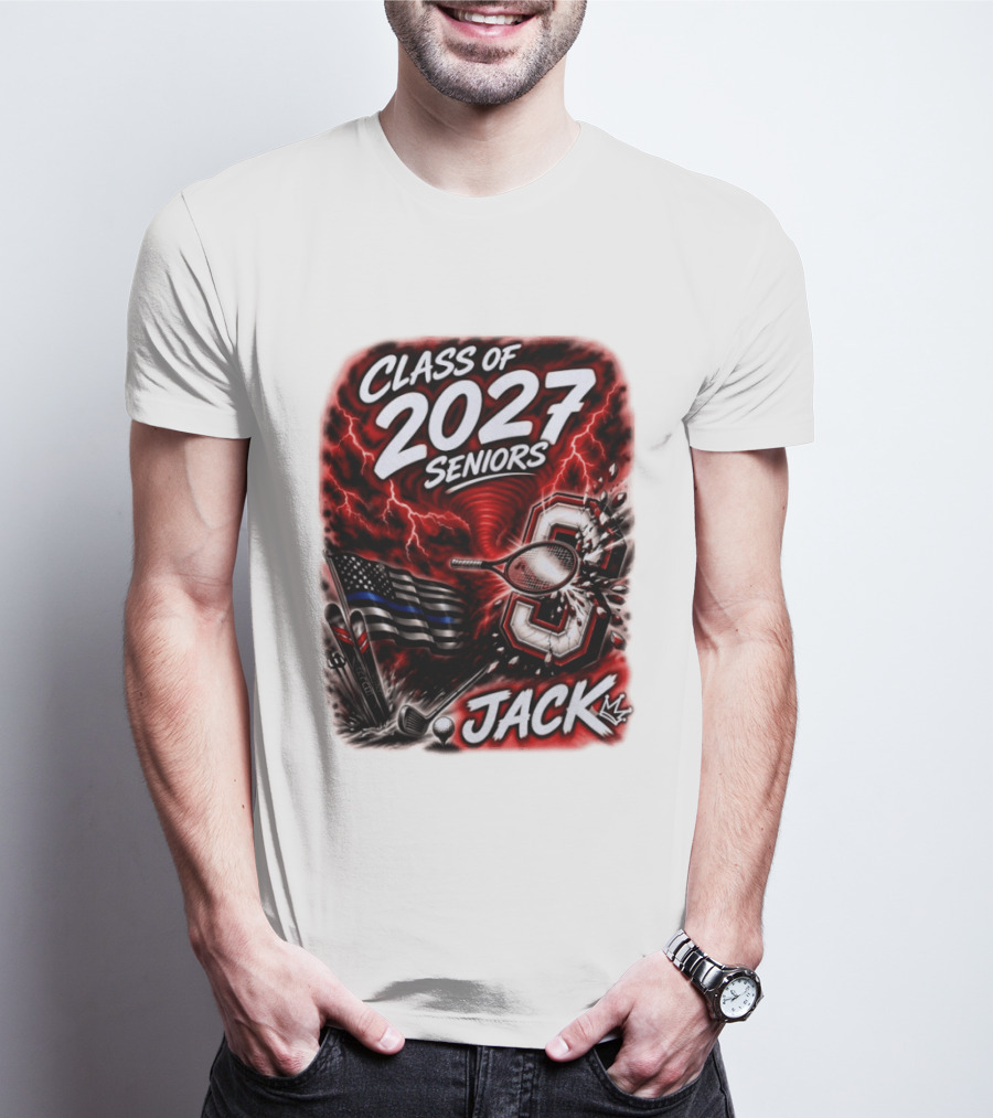Class Of 2027 Seniors Jack Black Flag Lightning Tennis Football T-Shirt
