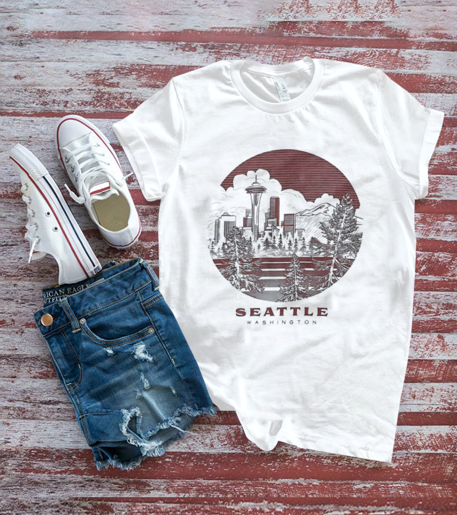 Seattle Washington Skyline Space Needle Mountains Forest T-Shirt