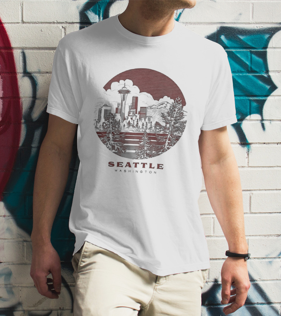 Seattle Washington Skyline Space Needle Mountains Forest T-Shirt