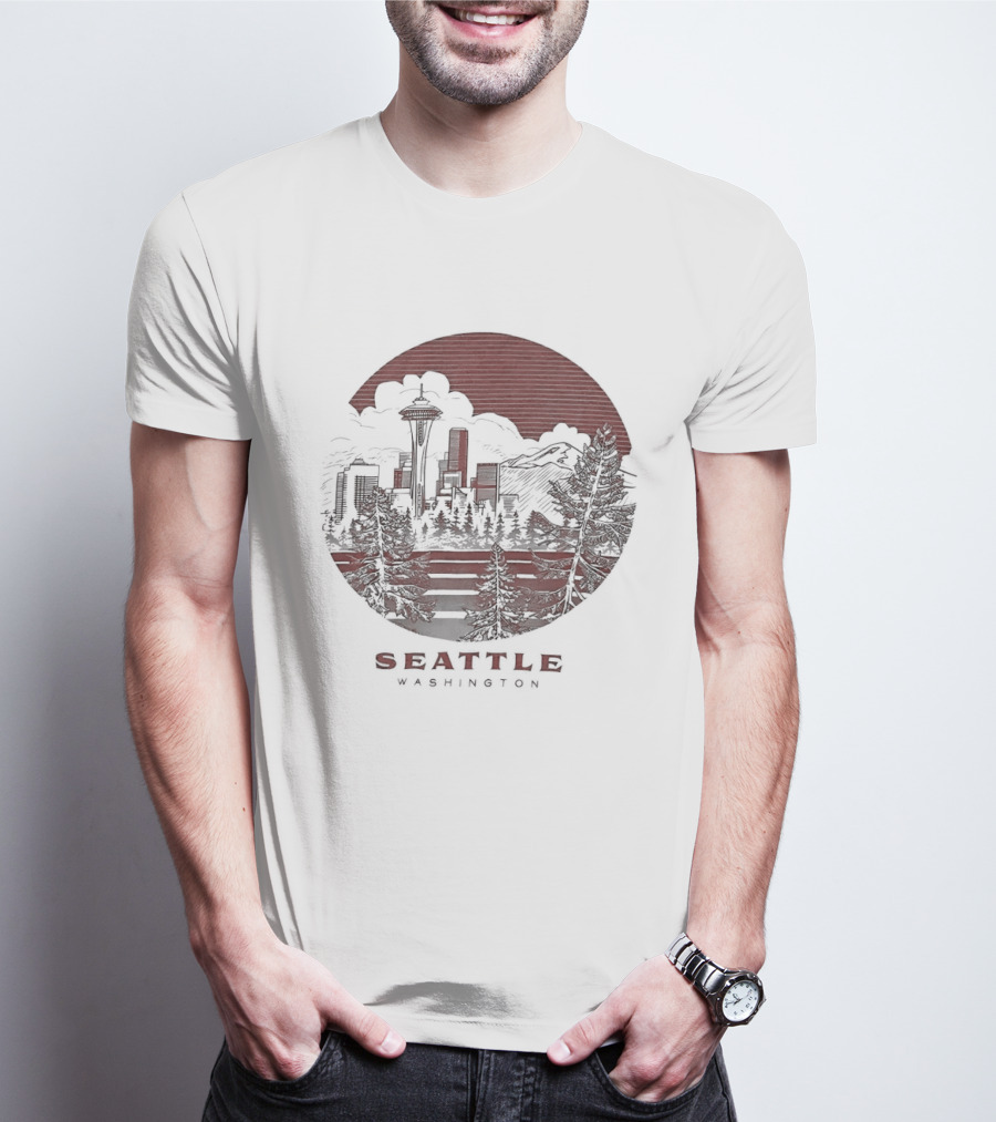 Seattle Washington Skyline Space Needle Mountains Forest T-Shirt