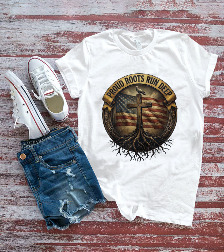 Proud Roots Run Deep Cross Dove American Flag Roots T-Shirt