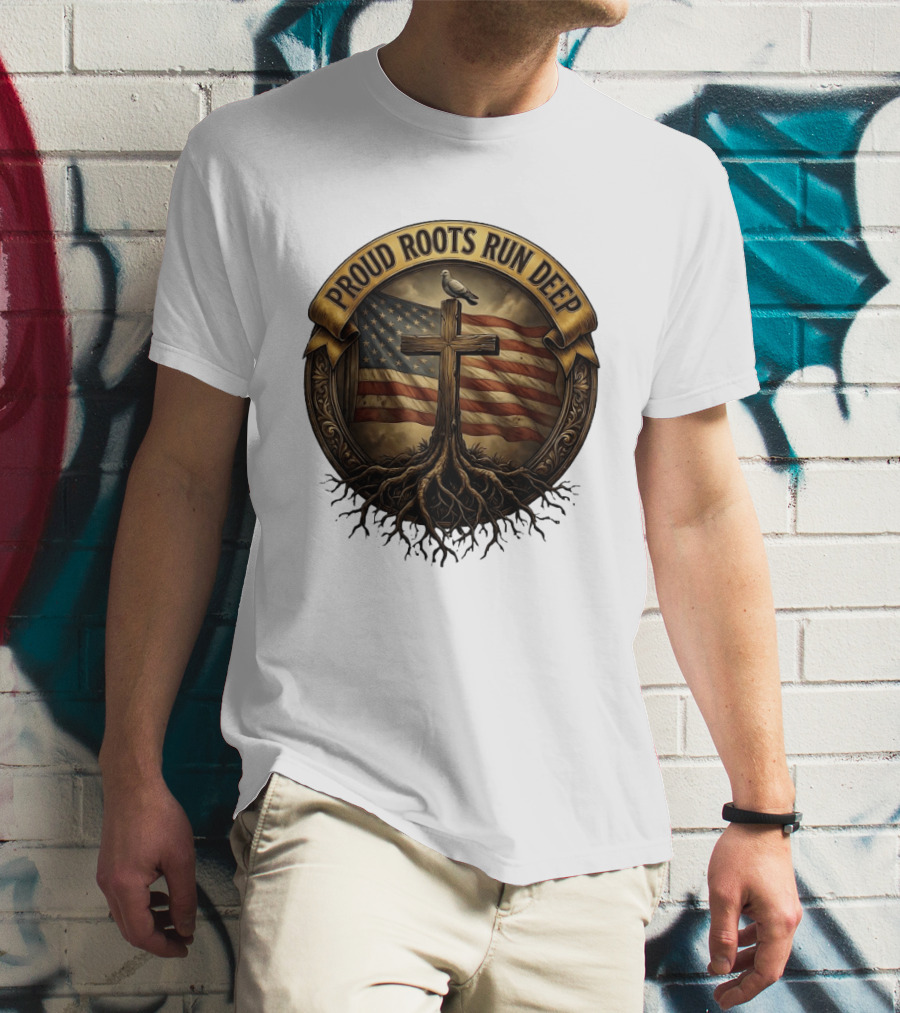 Proud Roots Run Deep Cross Dove American Flag Roots T-Shirt