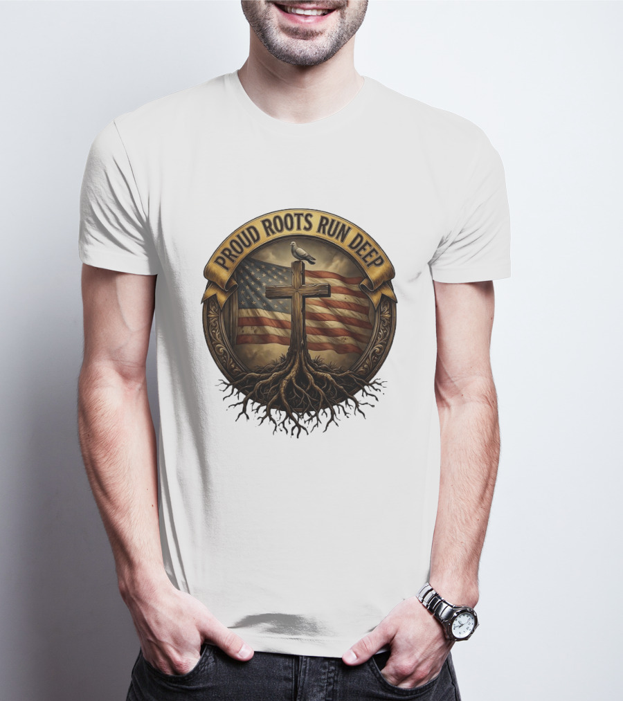 Proud Roots Run Deep Cross Dove American Flag Roots T-Shirt