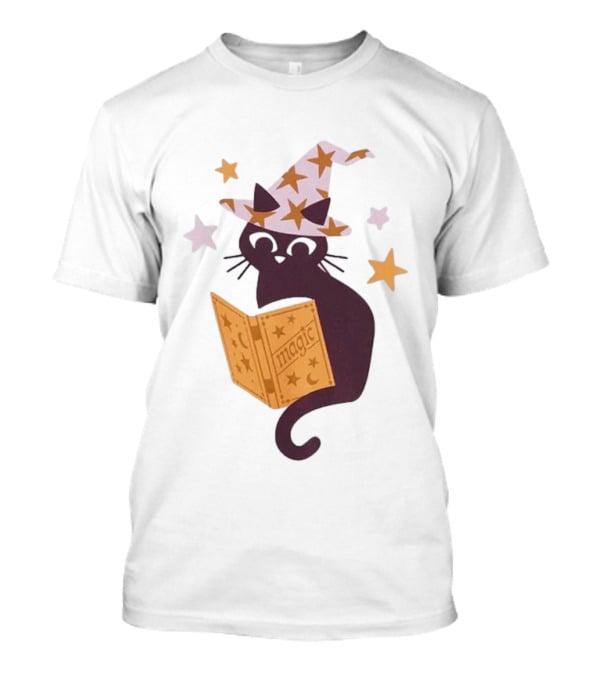 Magic Cat In Witch Hat Reading Spell Book With Stars T-Shirt