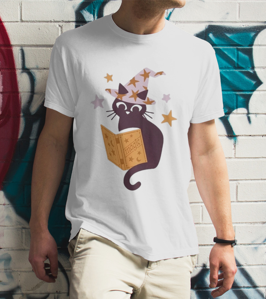Magic Cat In Witch Hat Reading Spell Book With Stars T-Shirt