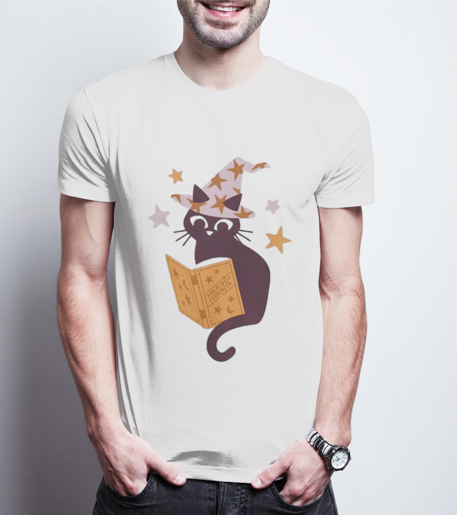 Magic Cat In Witch Hat Reading Spell Book With Stars T-Shirt
