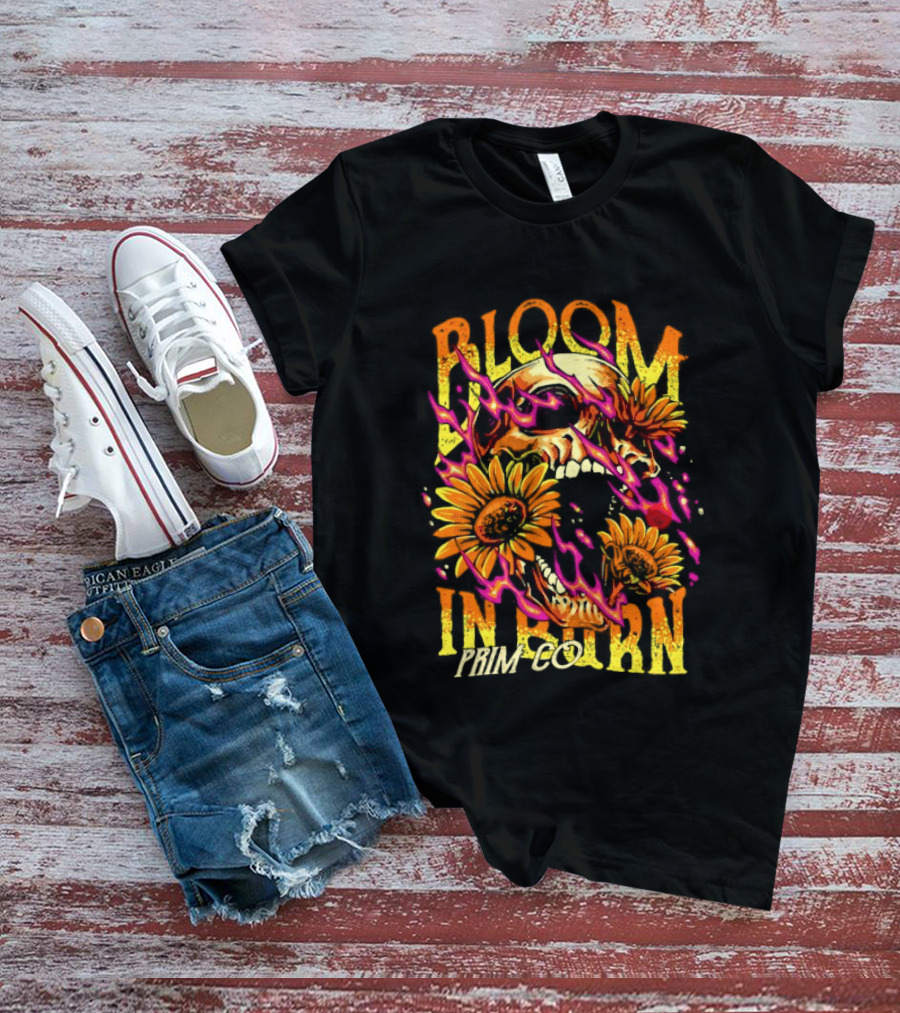 Bloom In Burn Prim Co Skull And Sunflowers T-Shirt