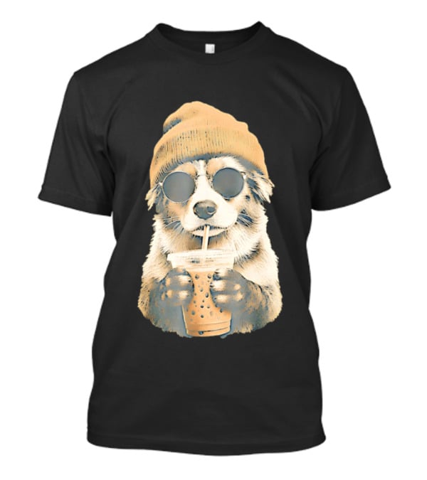 Cozy Dog In Beanie And Sunglasses Enjoying Iced Boba Tea T-Shirt