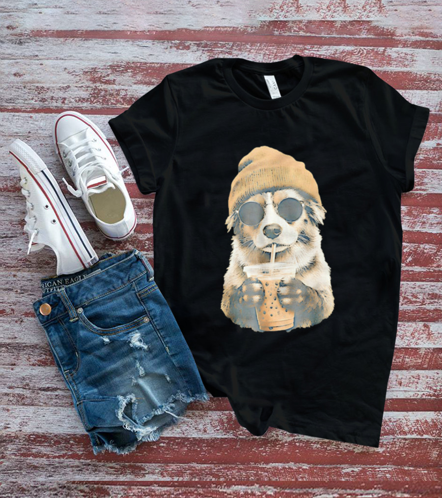 Cozy Dog In Beanie And Sunglasses Enjoying Iced Boba Tea T-Shirt