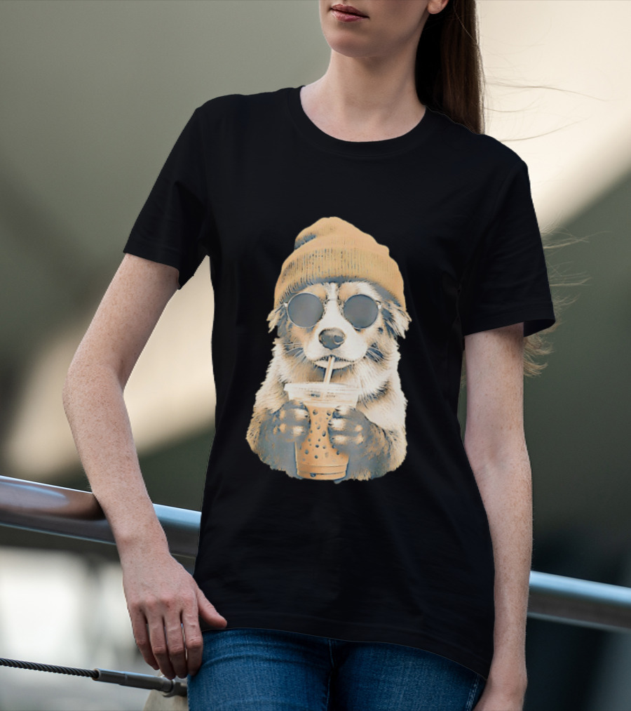 Cozy Dog In Beanie And Sunglasses Enjoying Iced Boba Tea T-Shirt