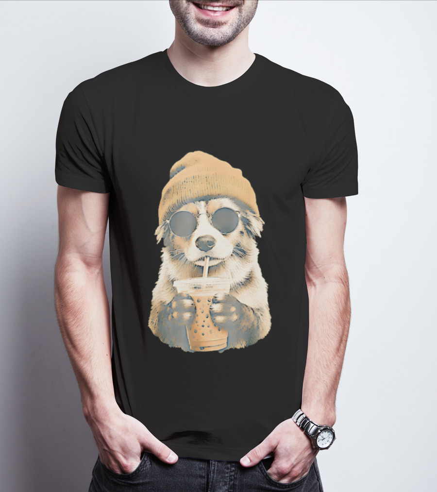 Cozy Dog In Beanie And Sunglasses Enjoying Iced Boba Tea T-Shirt