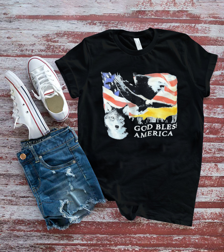 God Bless America Bald Eagle Wolf And American Flag Patriotic T-Shirt