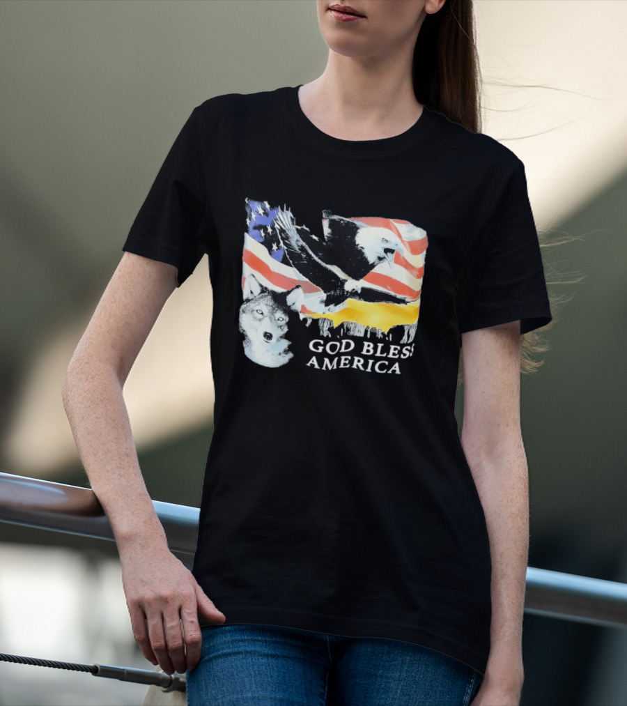 God Bless America Bald Eagle Wolf And American Flag Patriotic T-Shirt