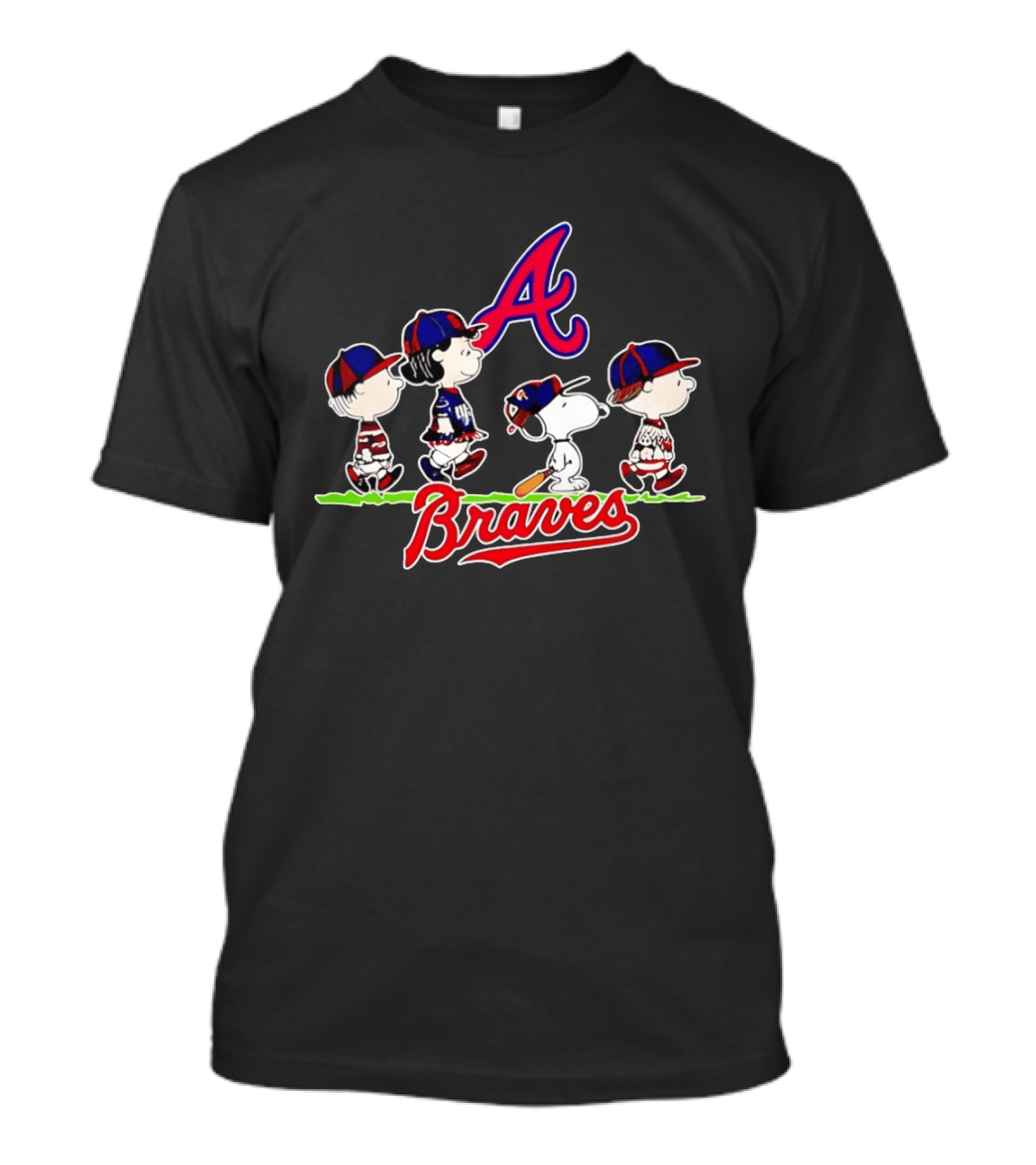 Atlanta Braves Peanuts Characters Walking With Baseball Caps T-Shirt