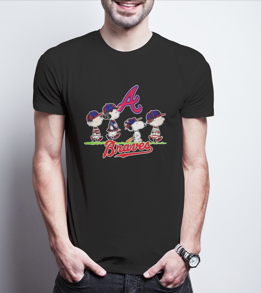 Atlanta Braves Peanuts Characters Walking With Baseball Caps T-Shirt