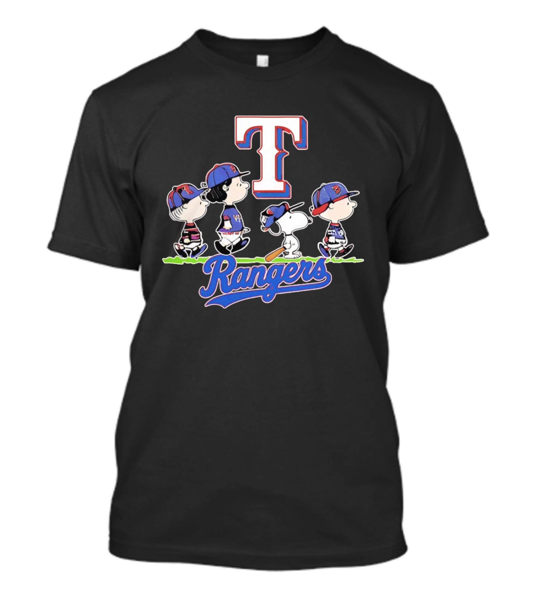 Peanuts Characters Walking With Texas Rangers Baseball Team T-Shirt