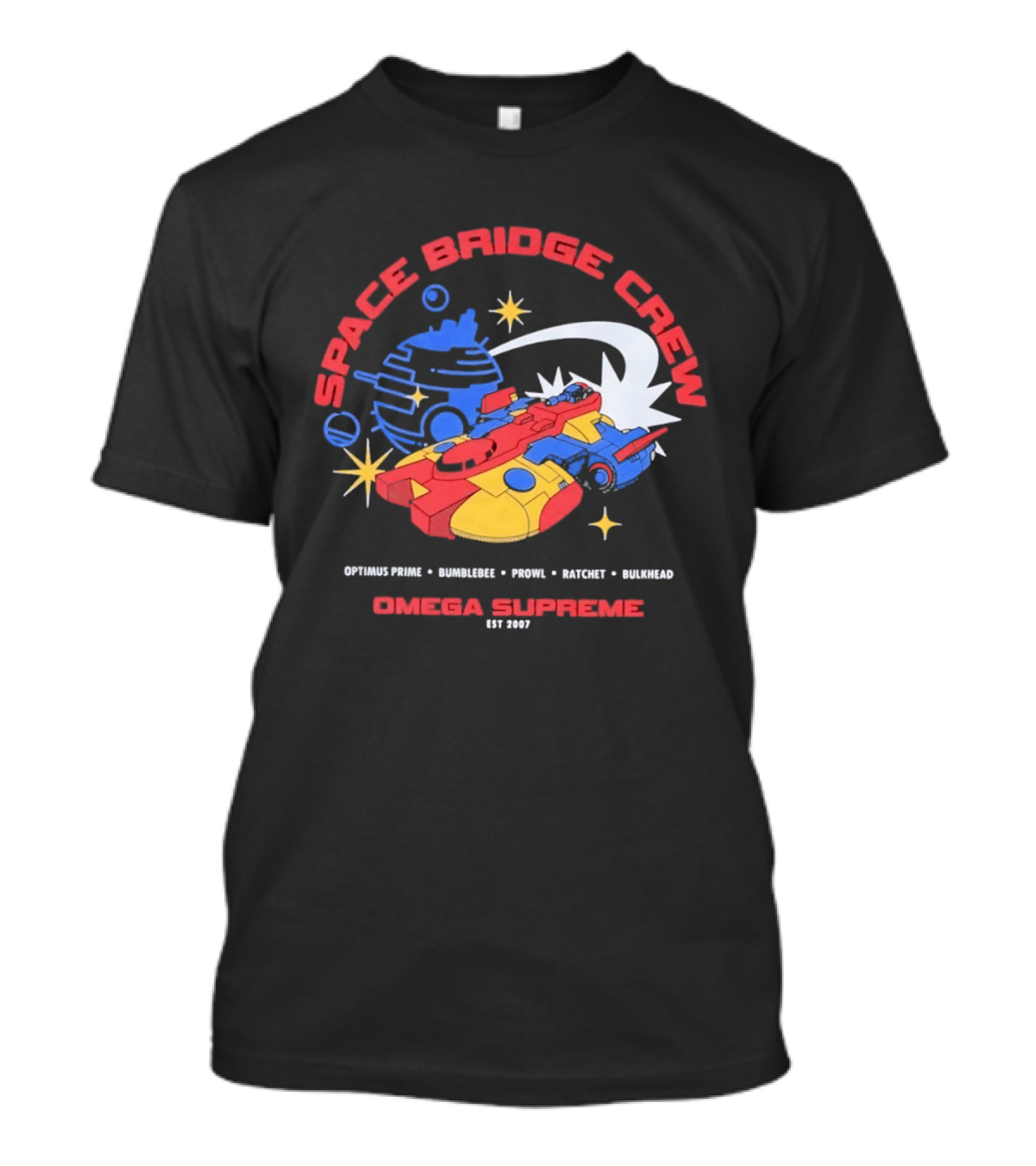 Space Bridge Crew Omega Supreme Optimus Prime Bumblebee Prowl Ratchet Bulkhead T-Shirt