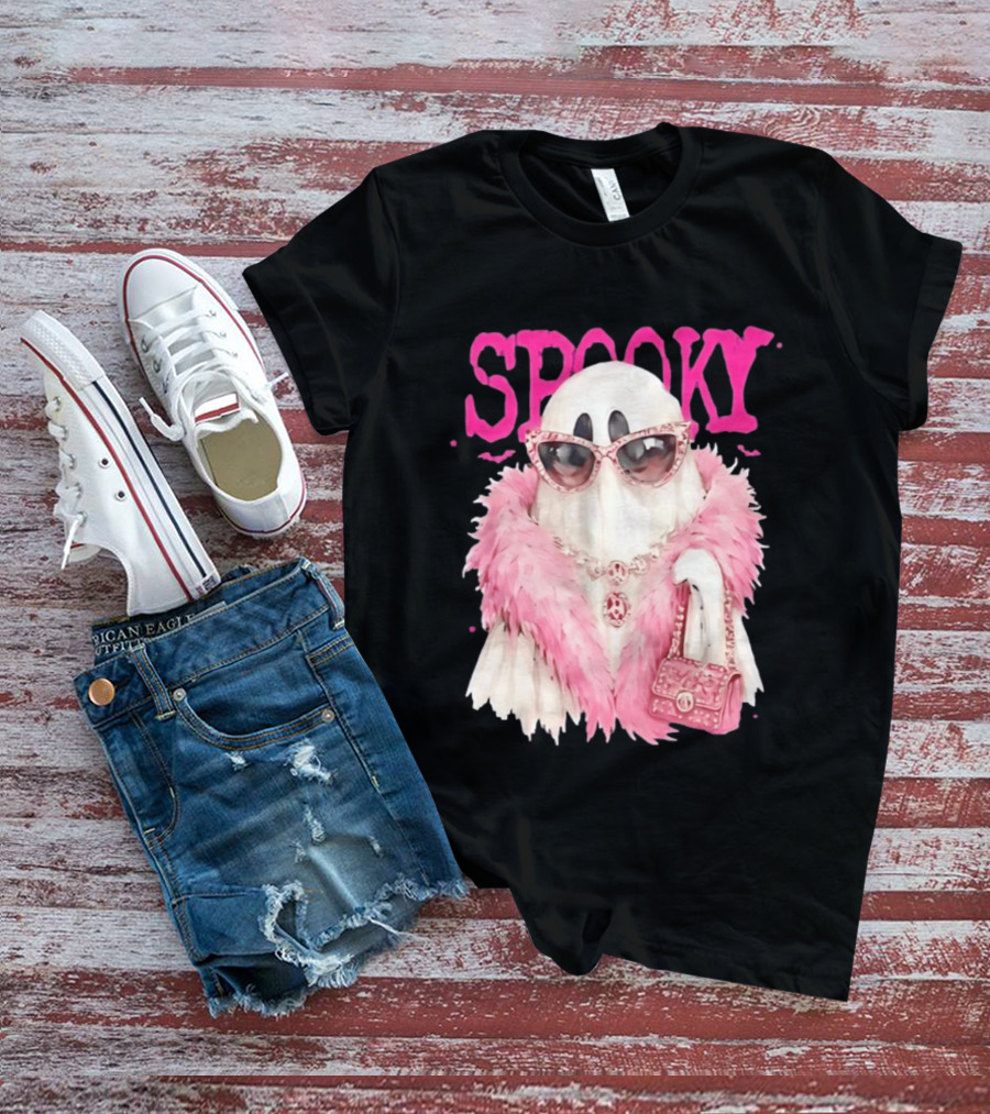 Spooky Glamorous Ghost With Pink Fur And Sunglasses T-Shirt