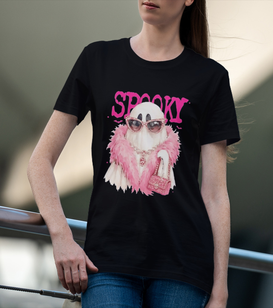 Spooky Glamorous Ghost With Pink Fur And Sunglasses T-Shirt