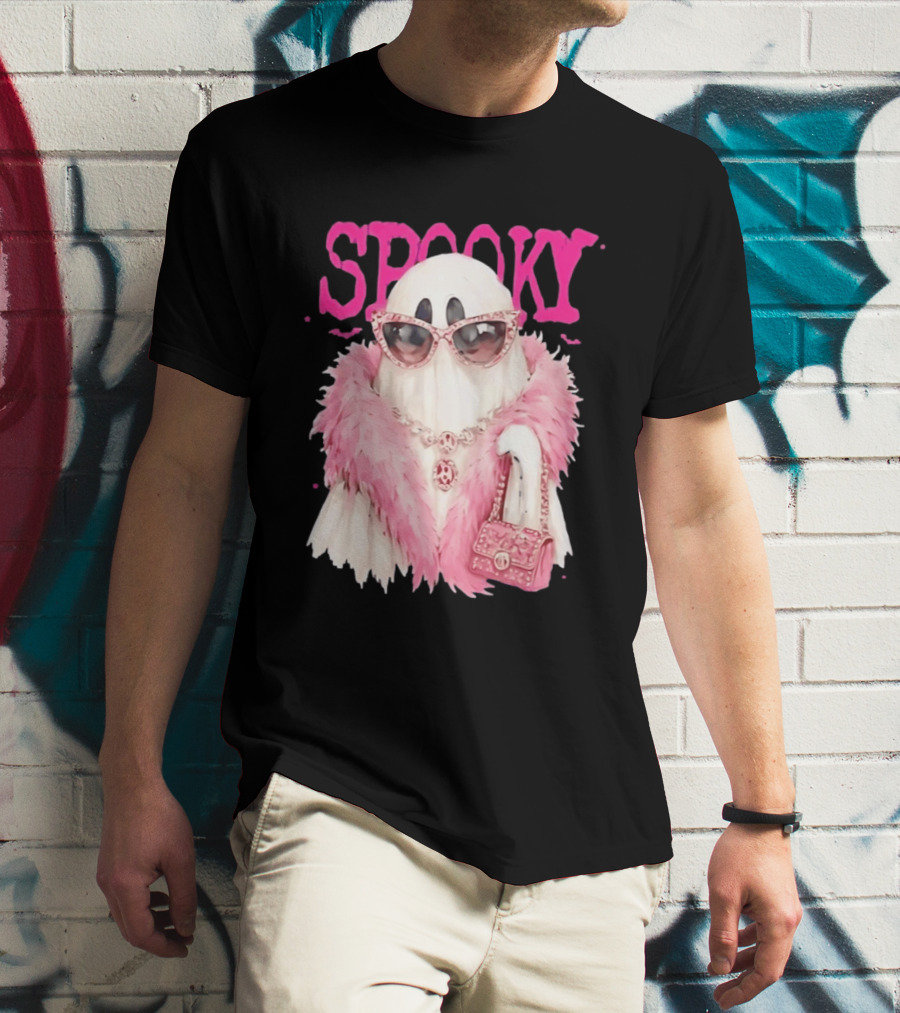 Spooky Glamorous Ghost With Pink Fur And Sunglasses T-Shirt