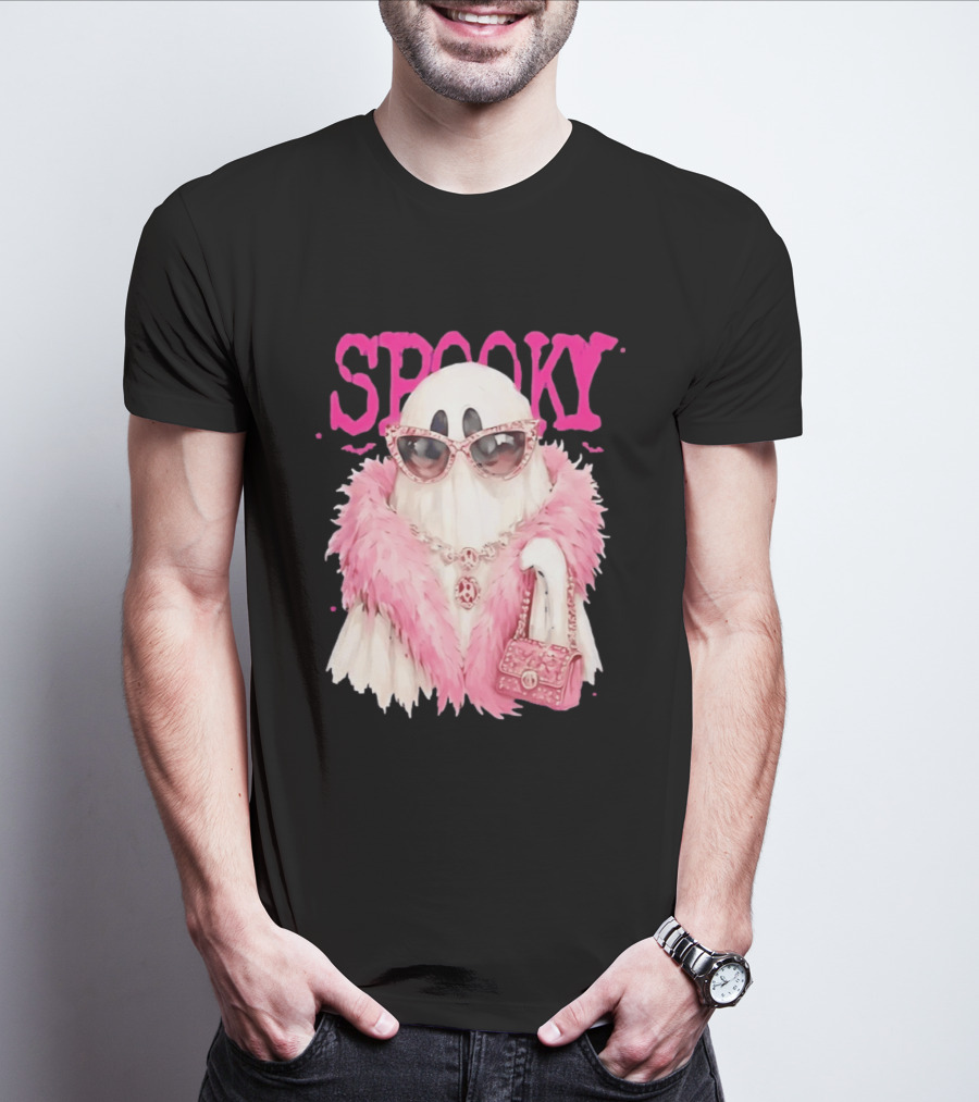 Spooky Glamorous Ghost With Pink Fur And Sunglasses T-Shirt