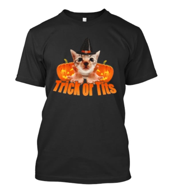 Trick Or Tits Halloween Cat Witch Pumpkin Hat T-Shirt