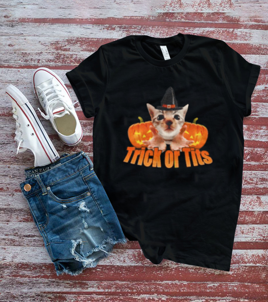 Trick Or Tits Halloween Cat Witch Pumpkin Hat T-Shirt