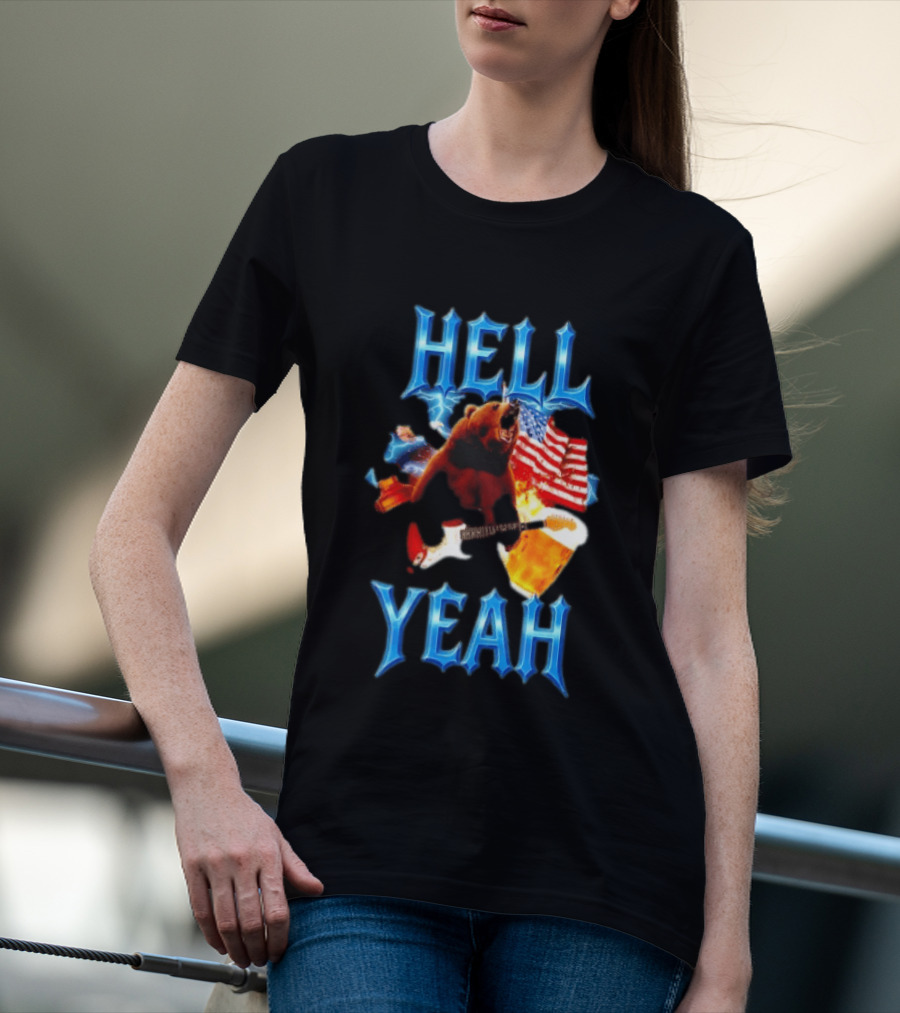 Hell Yeah Bear American Flag Guitar Beer Celebration T-Shirt
