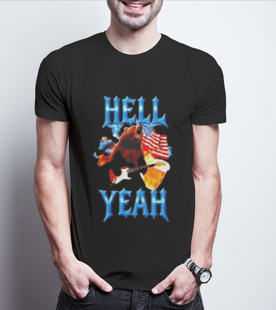 Hell Yeah Bear American Flag Guitar Beer Celebration T-Shirt