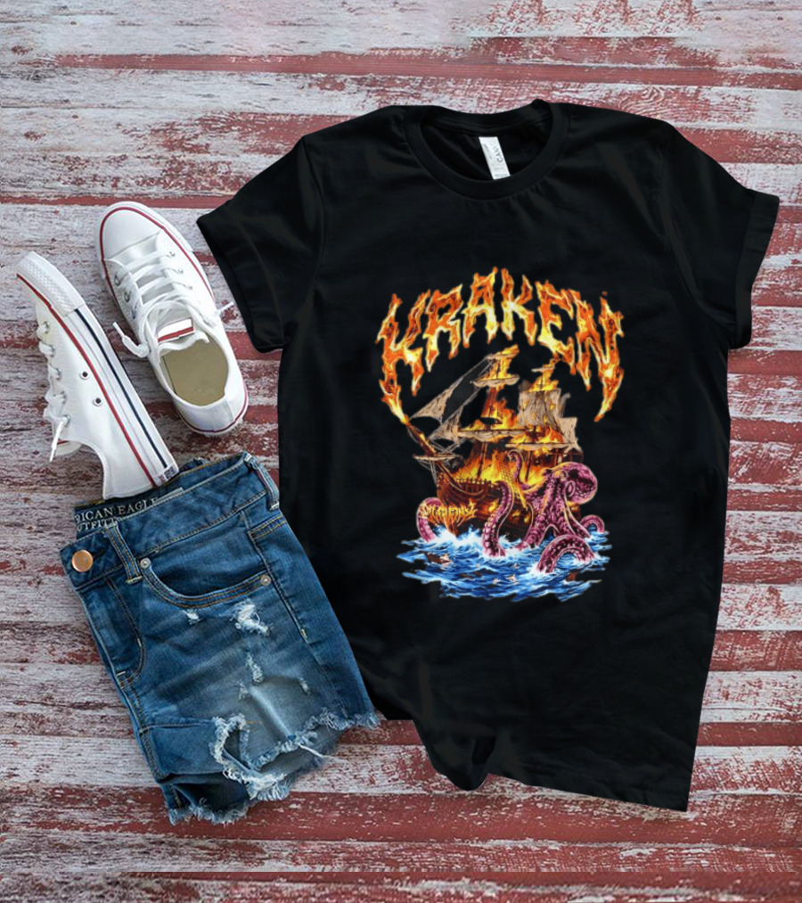 Kraken Nautical Myths Burning Ship Octopus Attack T-Shirt
