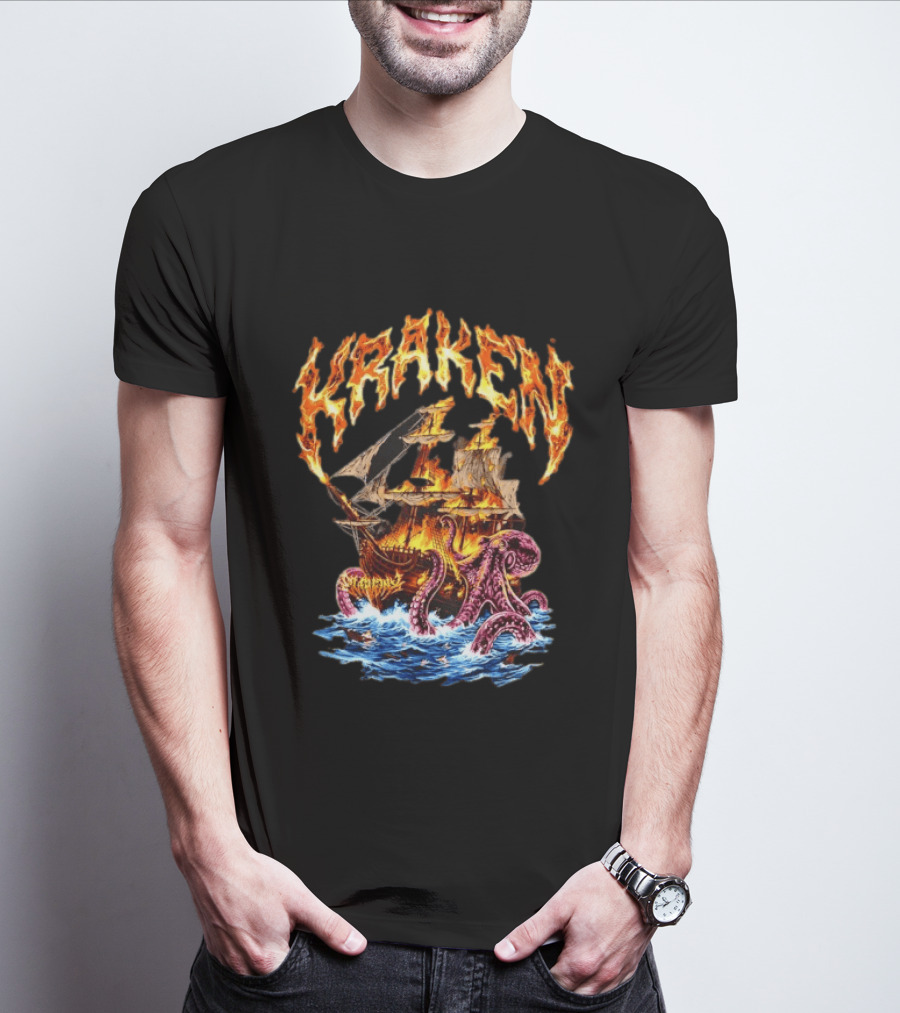 Kraken Nautical Myths Burning Ship Octopus Attack T-Shirt