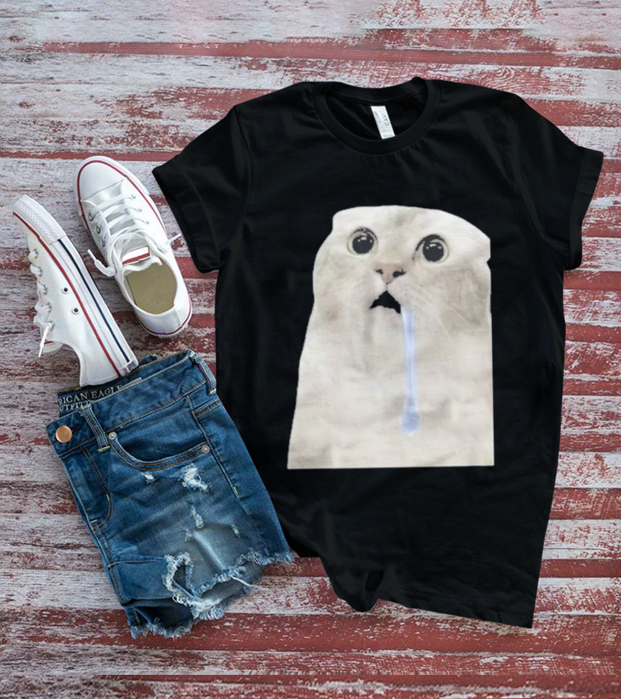 Wide Eyed Drooling Cat Meme Humor T-Shirt