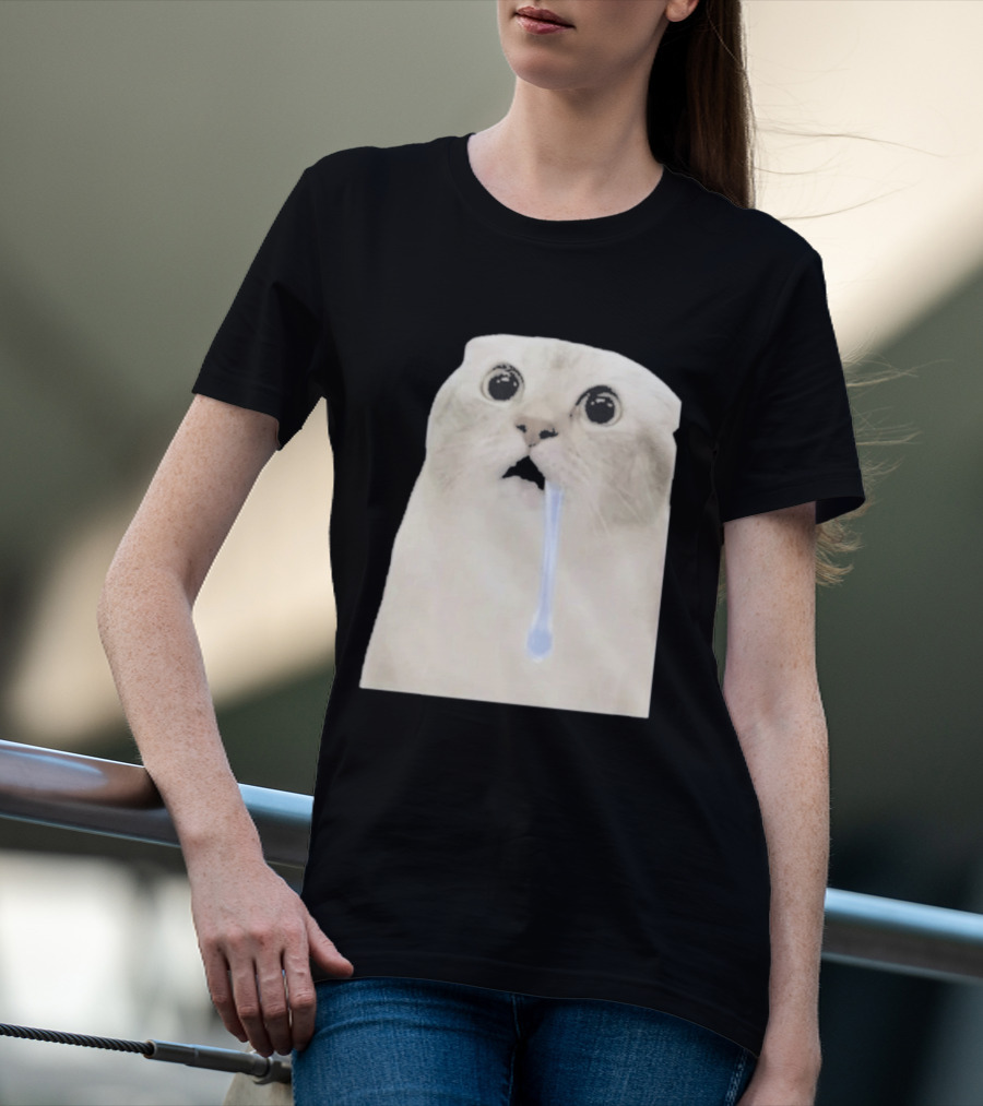 Wide Eyed Drooling Cat Meme Humor T-Shirt