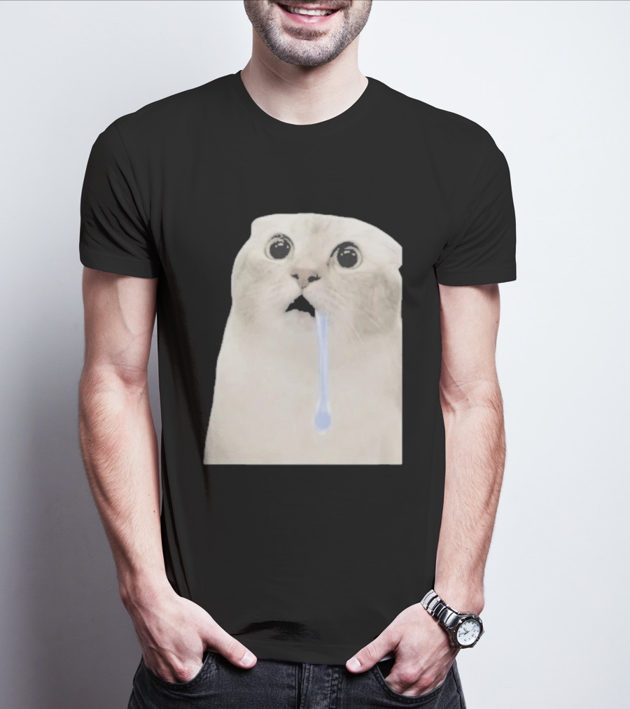 Wide Eyed Drooling Cat Meme Humor T-Shirt