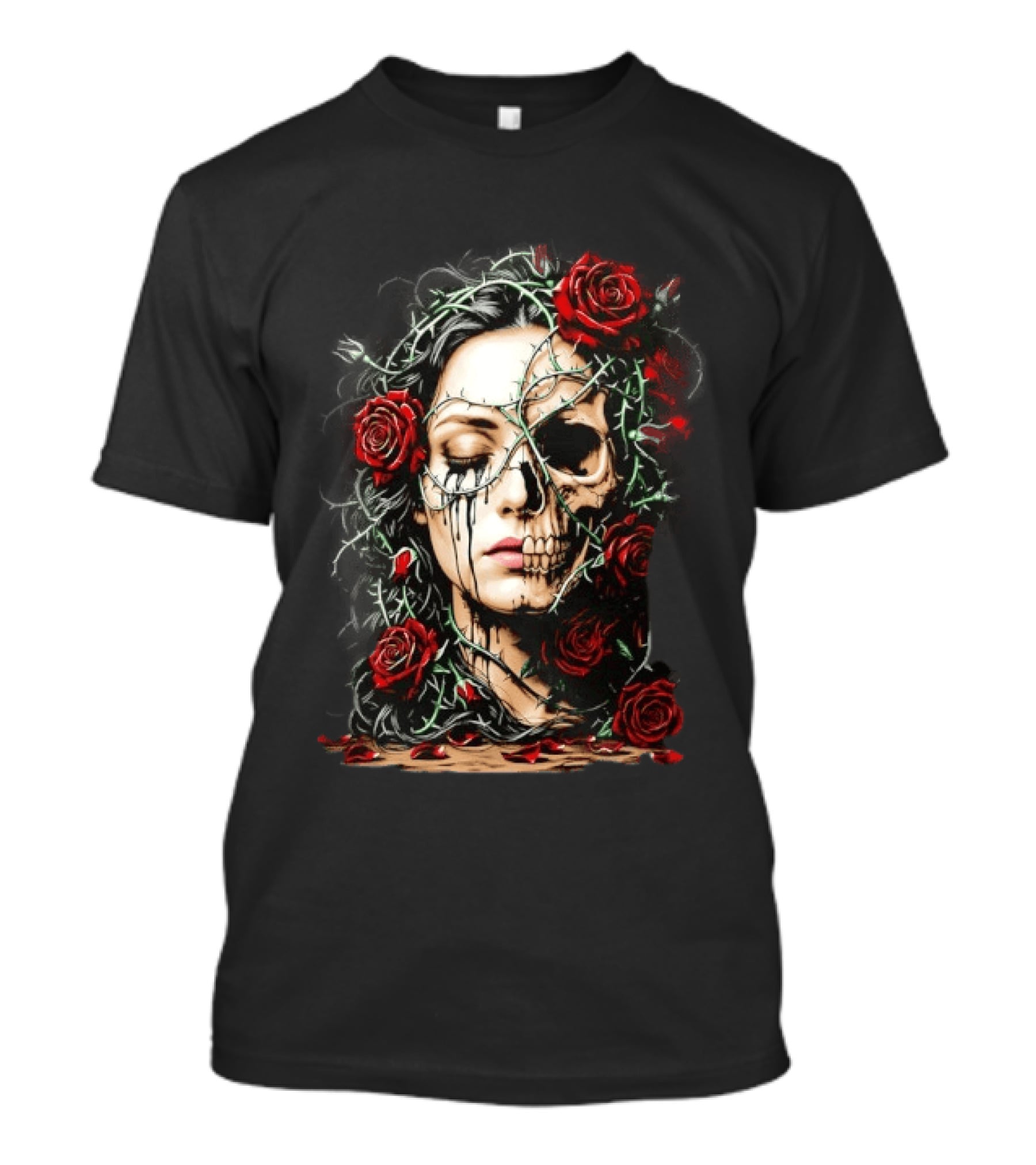 Eleventy Skull And Roses Gothic Heavy Metal Image With Thorns And Red Roses T-Shirt
