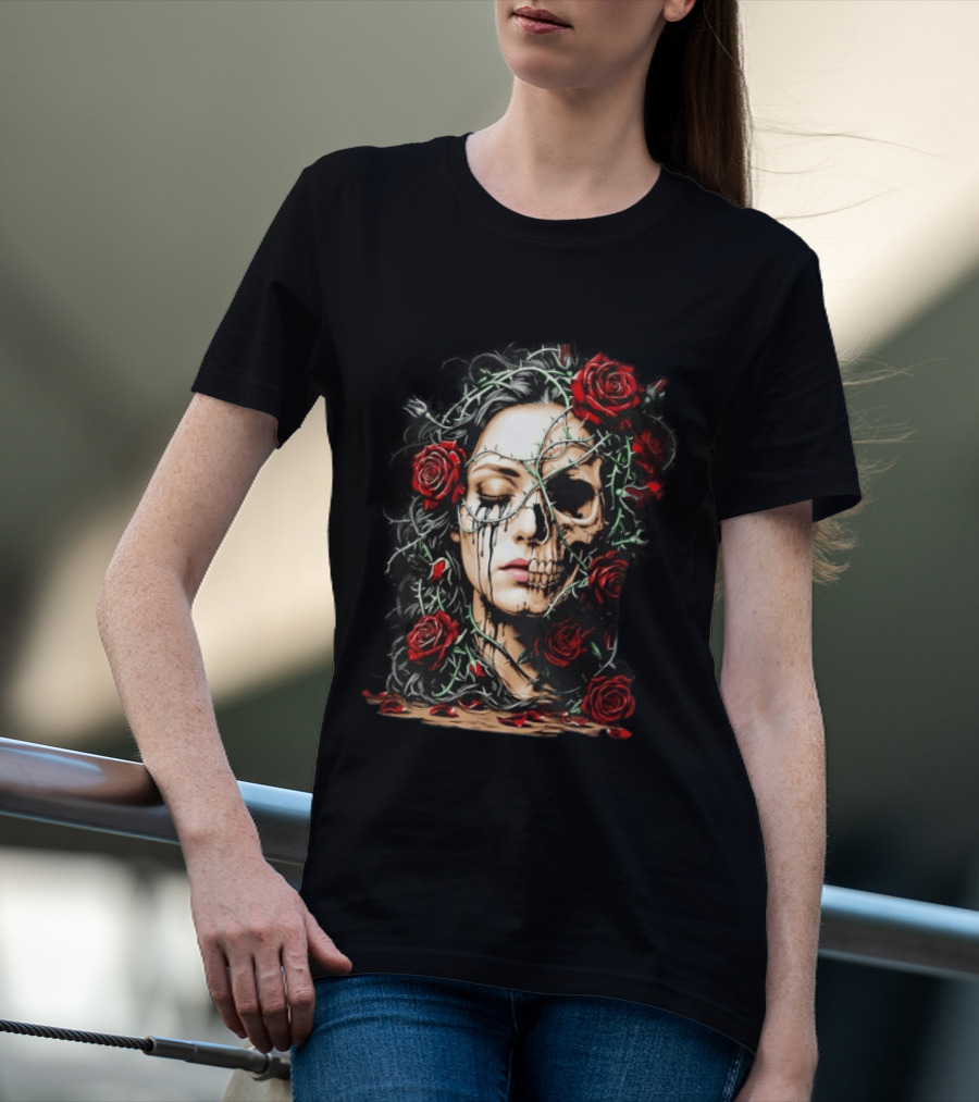 Eleventy Skull And Roses Gothic Heavy Metal Image With Thorns And Red Roses T-Shirt